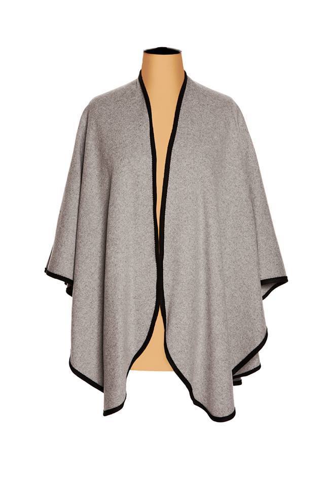 Ladies Plain Cashmere Cape in Light Grey with Black Trim