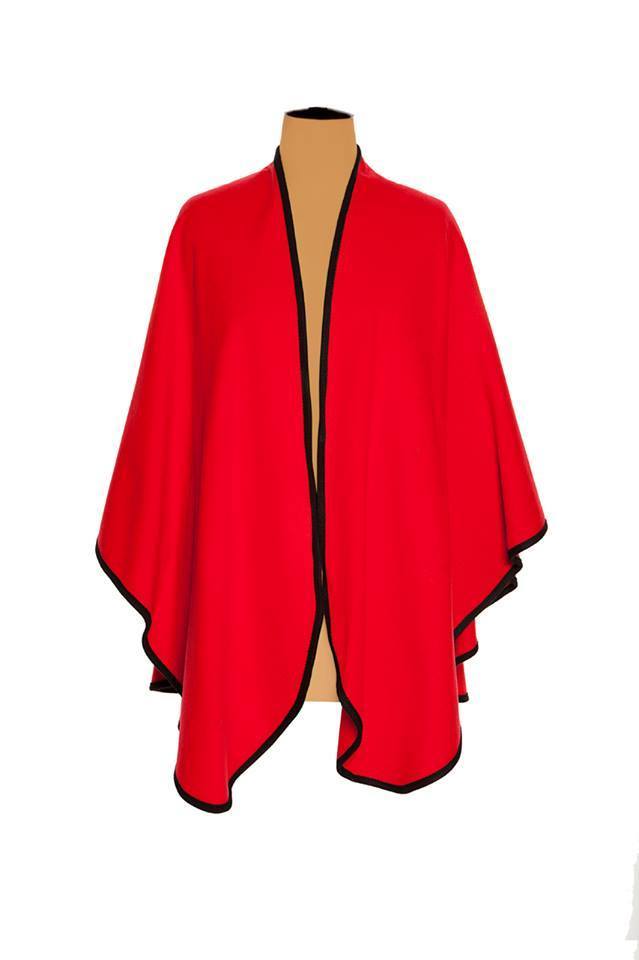 Ladies Plain Cashmere Cape in Red with Black Trim