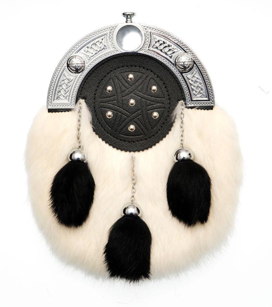 Full Dress Chrome Knot and Tage Sporran - White/Black Rabbit Fur