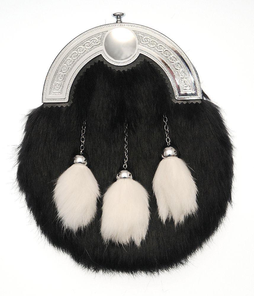 Full Dress Chrome Interlace Sporran - Black/White Rabbit Fur