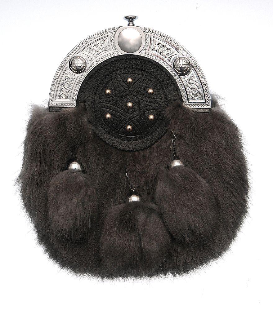 Full Dress Chrome Knot and Targe Sporran - Smokey Rabbit Fur