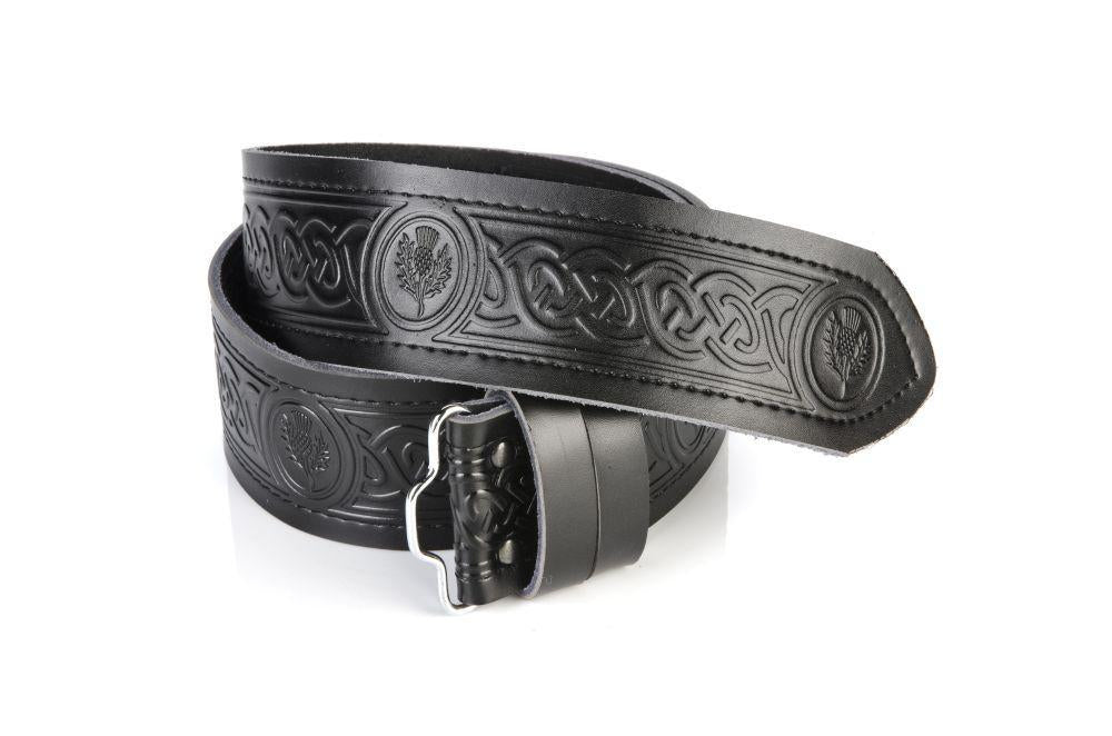 Black Leather Embossed Celtic Thistle Belt