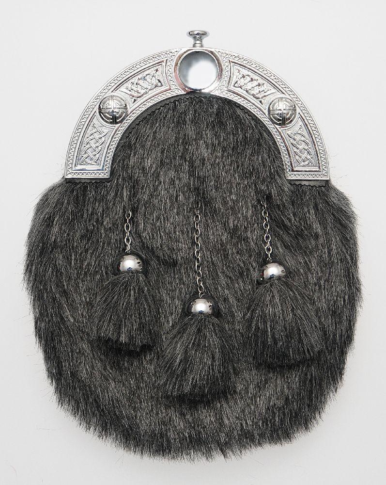 Full Dress Chrome Knot Sporran - Dark Grey Synthetic Fur