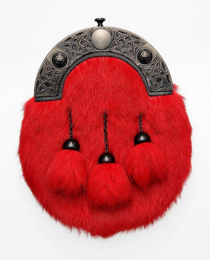 Black Full Dress Knot Interlink Sporran - Red Rabbit Fur