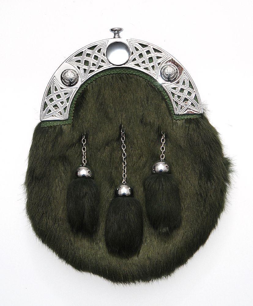 Full Dress Chrome Interlink Sporran- Dark Green Rabbit Fur