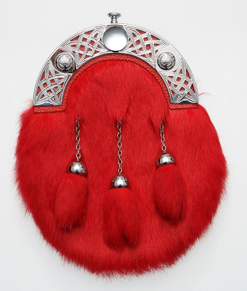 Full Dress Chrome Interlink Sporran - Red Rabbit Fur