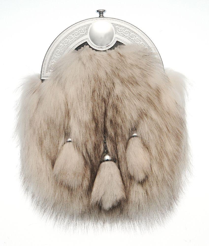 Full Dress Chrome Interlace Design Sporran - Arctic Fox Fur