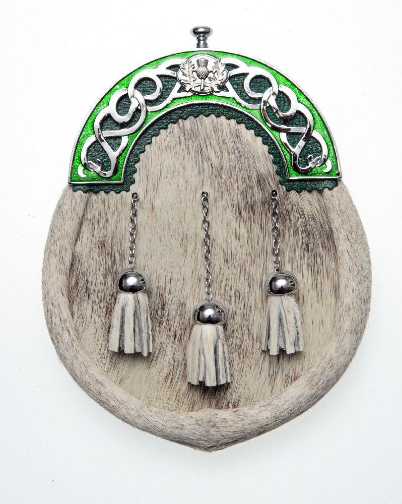 Full Dress Natural Calfskin Chrome Thistle Weave Sporran - Green Enamel