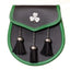 Black Leather Shamrock Emblem Sporran with Green Trim