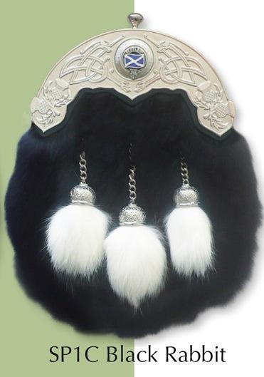 Clan Crested Black Rabbit Fur Sporran, Full Dress - Made to Order